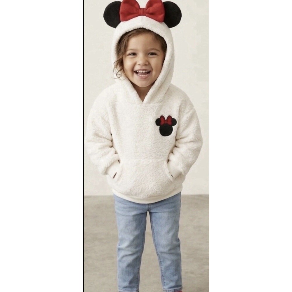 Disney Minnie Mouse Sherpa Hoodie White Fleece Sweatshirt 3D Ears Bow 4T